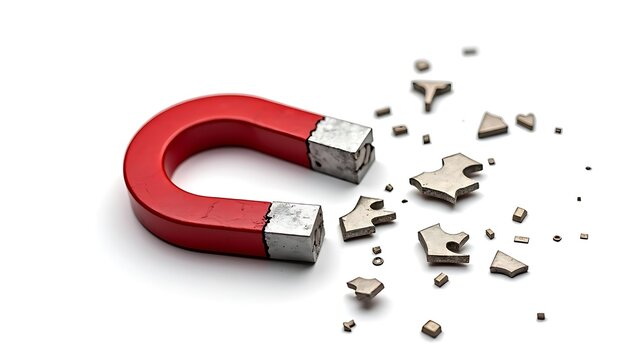 A snapped red-and-silver horseshoe magnet with scattered metal pieces, symbolizing fading attraction or weak connections; isolated on white.