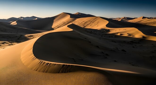 Expansive desert landscape with rolling sand dunes under a clear blue sky during golden hour - Powered by Adobe