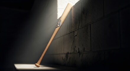 Wooden baseball bat leaning against a cracked concrete block wall lit by dramatic spotlight