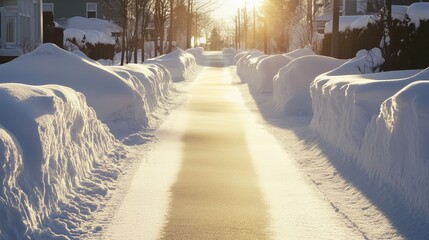 Snow-covered pathway illuminated by warm sunlight, flanked by high snowdrifts on either side, creating a serene winter scene with a tranquil atmosphere