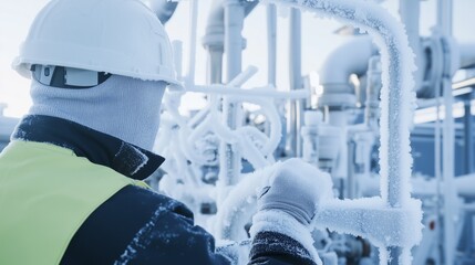 Worker in safety gear, wearing a hard hat and gloves, is inspecting frozen industrial pipes in a cold environment, showcasing the challenges of winter maintenance tasks