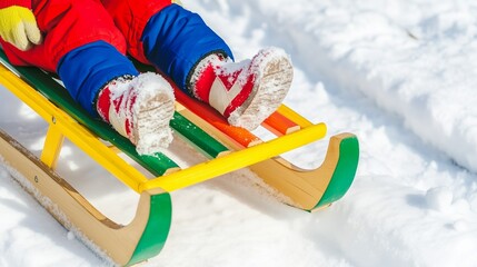 Child in colorful winter clothing is sitting on a wooden sled, enjoying a snowy landscape, with bright sunlight illuminating the scene, capturing the joy of winter activities