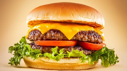 Juicy cheeseburger with melted cheddar cheese, fresh lettuce, and ripe tomato slices, served on a soft bun, showcasing delicious fast food indulgence and culinary delight