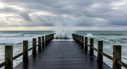 Obraz premium A weathered wooden pier leads to crashing ocean waves under a dramatic cloudy sky