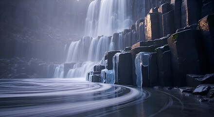 Dramatic basalt canyon waterfall with flowing water and moody lighting