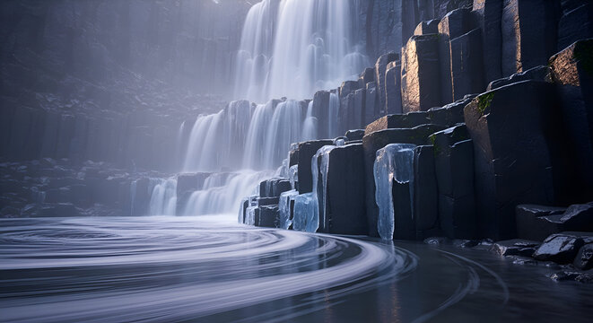Dramatic basalt canyon waterfall with flowing water and moody lighting