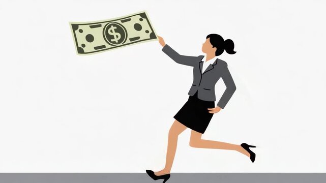 Businesswoman Chasing Dollar Bill Symbolizing Finance, Motivation, and Ambition
