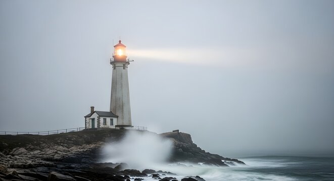 White lighthouse with illuminated beam standing on rocky coast with crashing waves and fog - Powered by Adobe