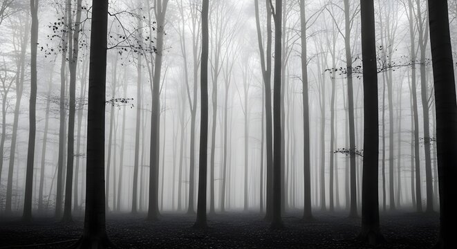 Tall bare trees stand in a dense foggy forest with dark ground cover mist