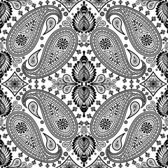 Paisley square seamless pattern.Boho traditional vintage style element black on white background.Motifs flower ornament hand drawn vector.bandana,scarf,head scarf,kerchief,hijab,print fabric,decorate.