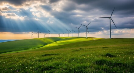 Wind turbines on green hill generating clean renewable energy