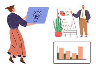 Person holding lightbulb board, man presenting charts, graphs, and plant nearby. Ideal for teamwork, innovation, idea sharing, business planning, collaboration presentations progress tracking