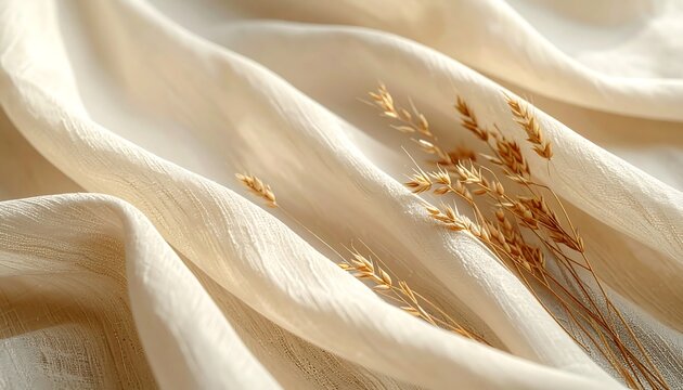 Elegant beige silk fabric with delicate wheat accents for a luxurious touch.