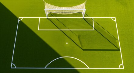Aerial view of a bright green soccer field with a white goal and net marked lines and casting long shadows