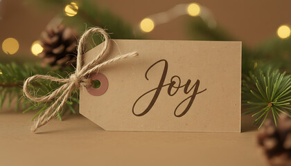 Rustic Kraft Paper Gift Tag with Hand-Scripted "Joy" and Natural Twine - Warm Christmas Holiday Decoration Close-up, background, wallpaper