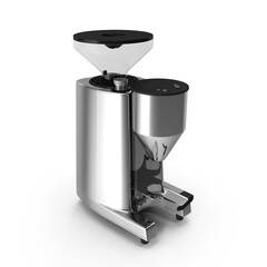 stainless steel espresso grinder with dual hoppers and clean reflective finish