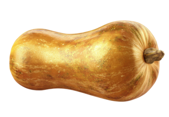 Golden oblong squash with a brown stem and subtle green stripes