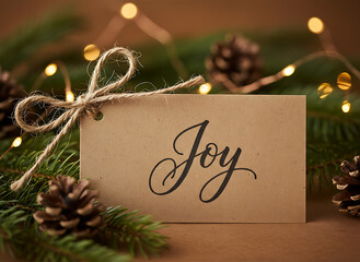 Rustic Kraft Paper Gift Tag with Hand-Scripted "Joy" and Natural Twine - Warm Christmas Holiday Decoration Close-up, background, wallpaper