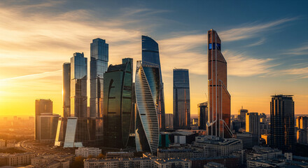 Contemporary skyscrapers against sunset sky