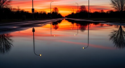 Wet road with reflections of a vibrant sunset streetlights and silhouetted trees