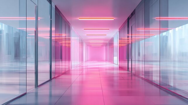 Abstract office corridor with blurred glass walls, pink floor light, and neon ceiling lights, representing modern business architecture and futuristic design. High quality