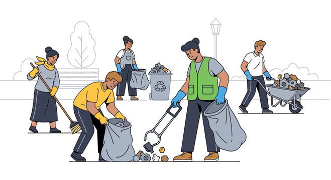 Community volunteers cleaning up litter and trash in public park.