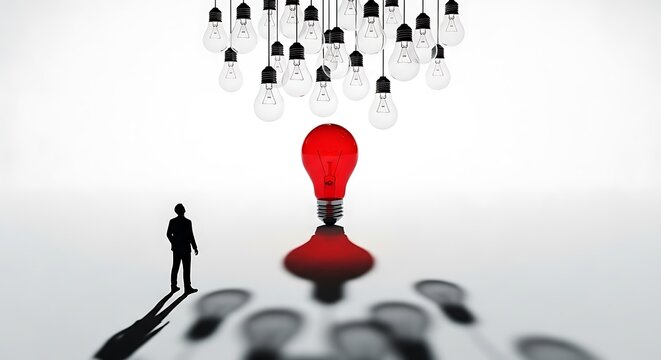 A lone figure stands before a glowing red light bulb, symbolizing a breakthrough idea, innovation, and finding a unique solution amidst numerous unlit possibilities