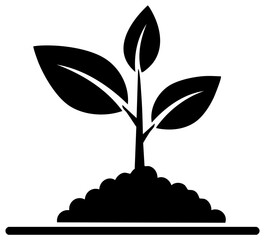 Young Plant Growth from Soil, Seedling Sprouting Illustration in Black Silhouette