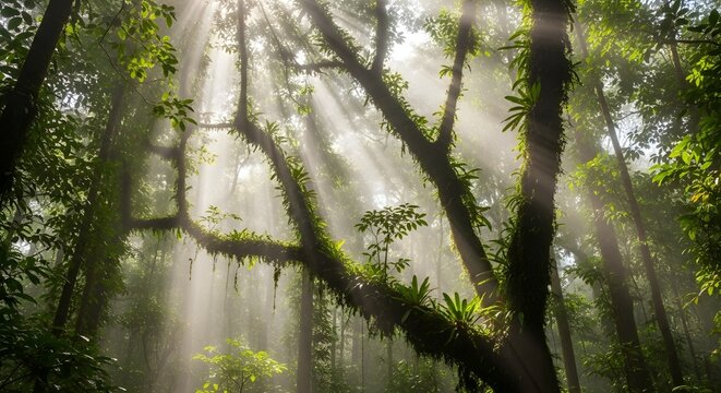 Sunbeams pierce a misty verdant rainforest canopy with lush foliage and ancient trees - Powered by Adobe