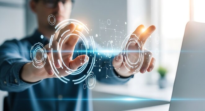 Professional engaging with cutting-edge augmented reality interface, visualizing complex data structures and holographic projections in a futuristic workspace environment