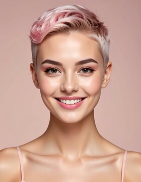 Portrait of a woman with short, pink hair and a warm smile against a soft pink backdrop, with light makeup