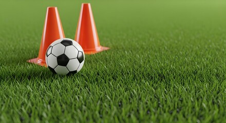 Soccer ball and orange training cones positioned on a vibrant green grass field