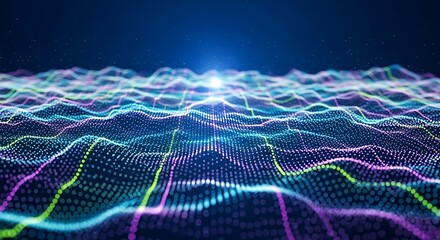 Dynamic undulating grid of vibrant light particles illustrating modern data analysis and the intricate flow of information within advanced technological networks