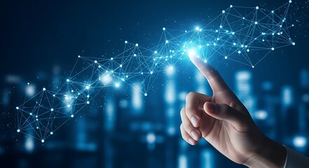 Human hand interacting with a glowing node in an abstract digital network, symbolizing global connectivity, data exchange, and future technology innovation in a modern blue environment