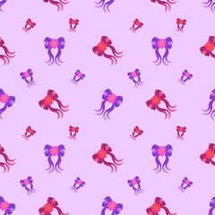 ​Pink and Purple Ribbon Bows Seamless Pattern - Elegant Watercolor-Style Repeat Background for Girls, Fashion, Wrapping Paper, Fabric, and Digital Scrapbooking