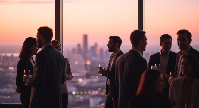 Intimate gathering with blurred silhouettes and bokeh lights creates an enigmatic and sociable atmosphere for special occasion and celebration.