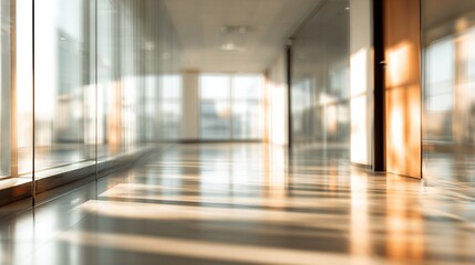 Modern blurred office space of a business building center. Glass wall with empty space. Blurred abstract light background for presentation and design. High quality