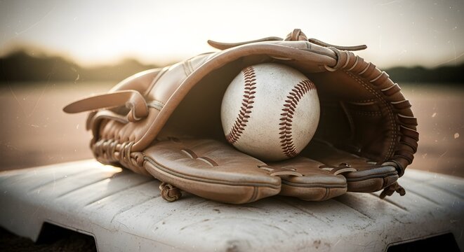 Baseball and catcher's mitt resting on home plate at sunset sports equipment detail