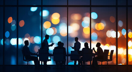 many business people conference group meeting on city office building in background showing partnership success of business deal, silhouette, silhouette of business people at office