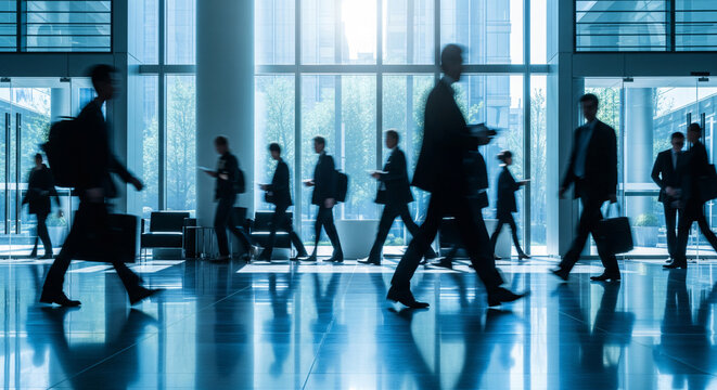Blurred group of busy business people moving through a corporate office space.