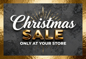 Christmassy sale only at your store with decorative gold shimmer and festive rays on dark background