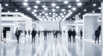 Blurred expo hall. Many people walk. Booths with displays visible. Lots of people move around. Busy business event. Modern business conference. Corporate exhibition. Networking event. Lots of people