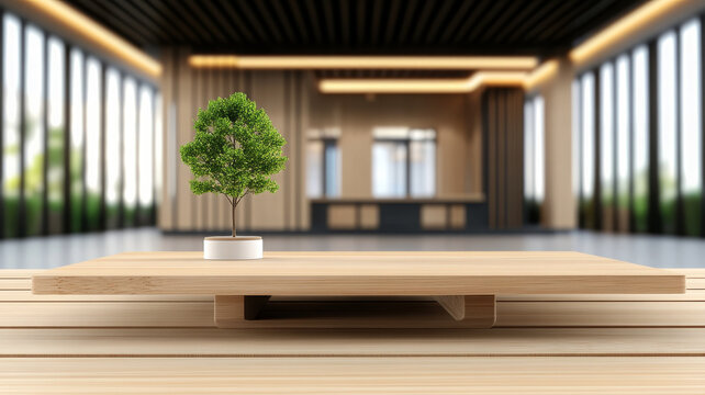 Miniature tree on wooden table with blurred modern office interior, calm and minimalistic style - Powered by Adobe