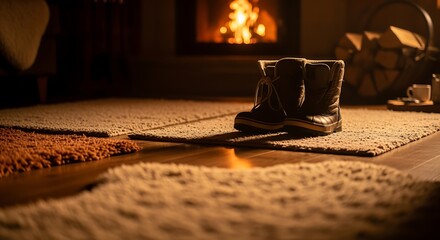 Boots by Fireplace Warming Up Cozy Winter Scene