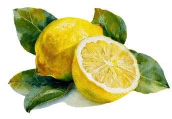 A detailed watercolor painting of a whole and halved yellow lemon with green leaves