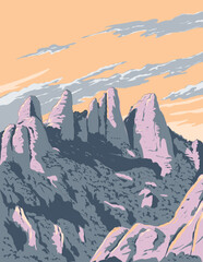 WPA style ukiyo-e or ukiyo illustration of Montserrat mountain seen from Santa Maria de Montserrat Abbey in Montserrat Natural Park, Catalonia, Spain done in retro works project administration style.