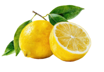 Fresh lemons, one whole and one sliced, with green leaves