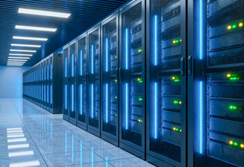 Modern, dark server room aisle with endless rows of black racks displaying bright blue and green LED lights, representing cloud computing and big data storage