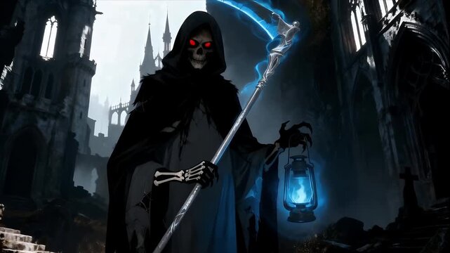 Grim Reaper: Spectral Lantern Bearer in Gothic Ruins