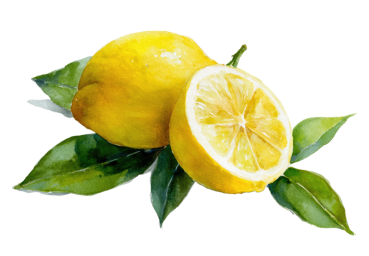 Vibrant watercolor painting of lemons with green leaves on a black background